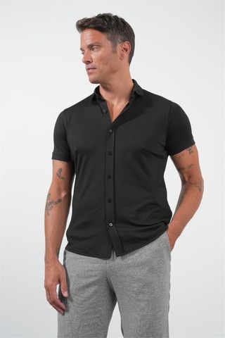İmza Siyah İtalyan Yaka Kısa Kol Cepsiz Slim Fit Pamuklu Gömlek 1004260158