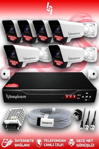 Bayicam 6 Kameralı Süper 6 Dış Kamera Set HDD'siz 5 MP 2K Net Gece Görüşlü Güvenlik Kamerası Sistemi