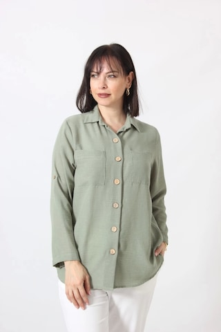 Moda Berray Myb-077 Mint Yeşili Pamuk Keten Kolu Apoletli İki Cepli Kadın Büyük Beden Gömlek Mint Yeşili