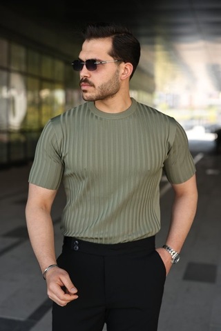 Veraura Lifestyle Erkek Fitilli Bisiklet Yaka Kısa Kollu Tişört haki