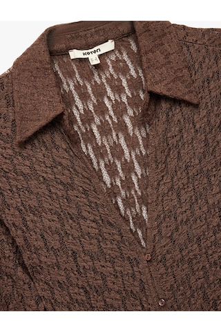 Koton Slim Fit Yarı Transparan Uzun Kollu Kaçık Yaka Dantel Gömlek Kahverengi 6wak60002ek Kahve