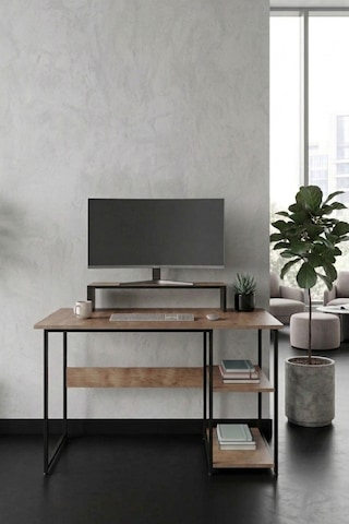 Vienna 2 Raflı Metal Ayak Çalışma Masası Laptop Masası Bilgisayar Masası 60x120cm Çam- Siyah Atlantik Çam