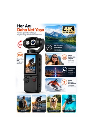 4k Ultra Hd Dijital Kamera 180 Dönen Lens Taşınabilir Video Fotoğraf Kamera 32gb Hafıza Kartı Hediyeli