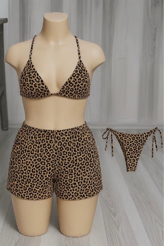 Moda Dua Kadın 3'lü Set Leopar Desenli Şortlu Ve Yandan Bağlamalı Bikini Mayo Takımı