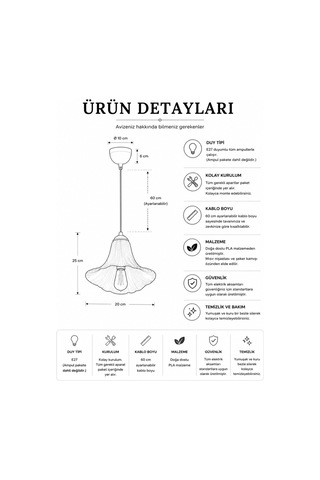 Zambak Tekli Sarkıt Avize Dekoratif Salon Avizesi Beyaz