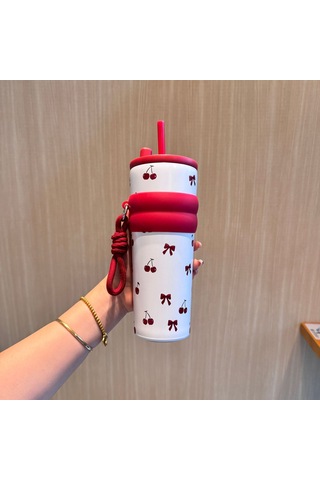 Ruicoo 316 Paslanmaz Çelik Seyahat Bardağı - Taşınabilir İp Kulplu Ve Pipetli Pembe