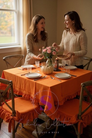 Turuncu Renk El Yapımı Buldan Yıkanmıs Keten 4 Tarafı Fırfırlı Sandalye Minderi Turuncu