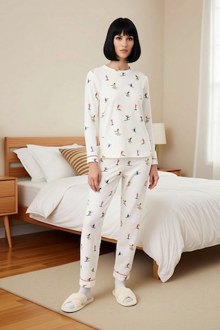 Benerly Kadın Bisiklet Yaka Uzun Kol Regular Kalıp Waffle Örme Pijama Tak Beyaz