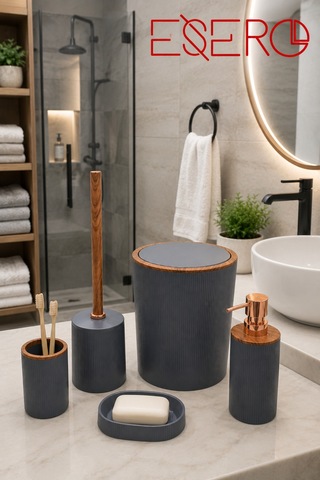 351 Gri 5 Parça Banyo Aksesuar Seti Çöp Kovası Sıvı Sabunluk Diş Fırçalık Sabunluk Wc Fırçası Antrasit Ahşap Desenli