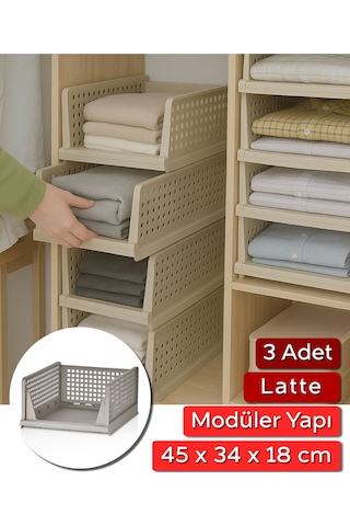 3 Adet Raylı Elbise Organizeri - Mutfak Banyo Düzenleme Depolama Üst Üste Dizilebilir Latte