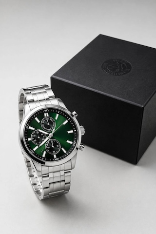 Erkek Gümüş Renk Metal Kordon Analog Kol Saati Takvim Göstergeli Yeşil Siyah Kadran - Gümüş Çok Renkli 61344954