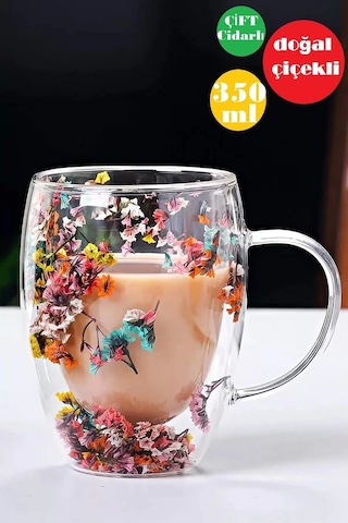 Çift Cidarlı Çiçekli Bardak Kahve Çay Bardağı Flower Cup 350mlel Yapımı Kulplu Cam Bardak
