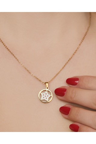 Lekka Design Kadın Kararmaz Çelik Takı Kırmızı Beyaz Mineli Yıldız Madalyon Kolye Altın