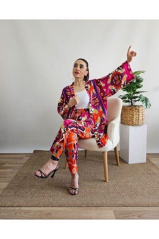 İpli Fuşya Renk Etnik Desenli Viskon Kumaş Kimono Takım Fuşya