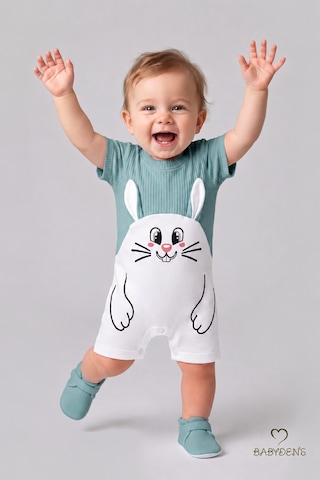 Babyden's Tavşan Baskılı Şortlu Erkek Bebek Tulum %100 Pamuk Yazlık Kısa Kollu Çıtçıtlı Yenidoğan Bebek Tulumu 0-9 Ay Açık Haki