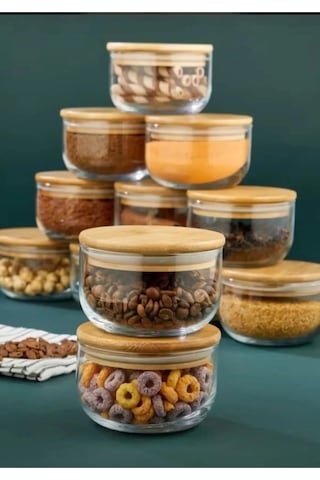 Morponi Bambu Kapaklı Cam Erzak Kavanozu 6'lı 380 ML