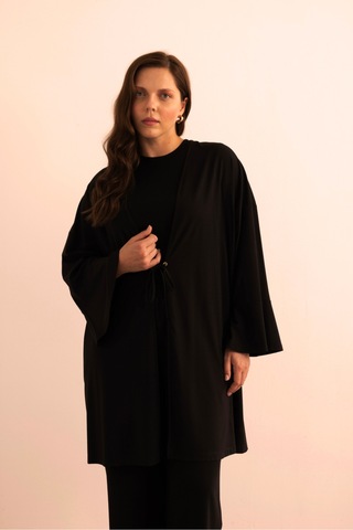 Aker Önden Bağcık Detaylı Örme Kimono Siyah Siyah