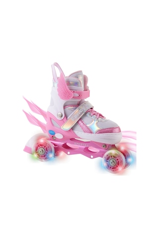 Melek Kanatlı Işıklı Çocuk Pateni Silikon Teker Ayarlanabilir Paten Taşıma Çantalı Pembe Pembe