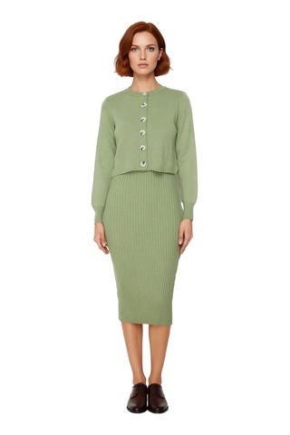 Ersefa Kadın Şık Akrilik Bisiklet Yaka Uzun Kol Bodycon Midi Triko Elbis Mint