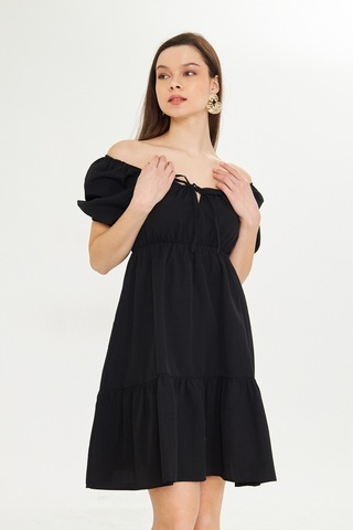 Beli Lastikli Buzgulu Poplin Elbise Siyah