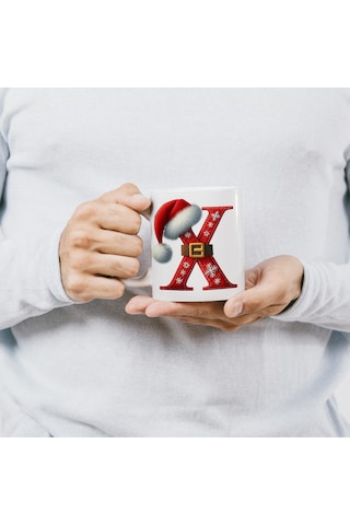 X Harfi Yılbaşı Temalı Bardak 330 Ml Harfli Kişiye Özel Hediye - Yeniyıl / Noel Şapka Tasarım Beyaz