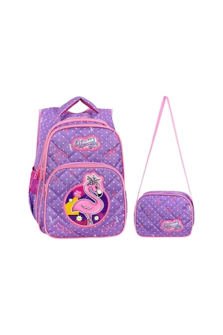 Waddell Lisanslı Lila Flamingo Desenli Emboos İlköğretim Okul Sırt Çantası Ve Beslenme Çantası