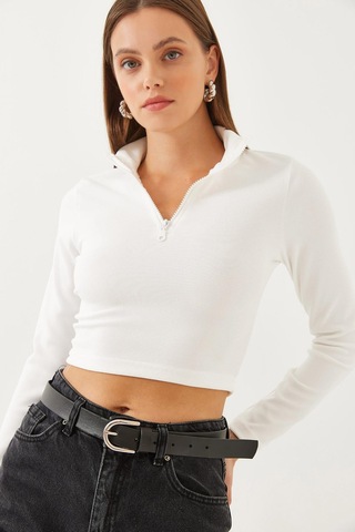 Shade Kadın Balıkçı Yaka Yarım Fermuarlı Fitilli Crop Bluz 60351019 - Beyaz