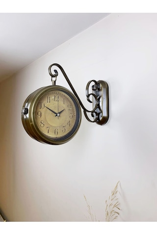 Eskitme Metal Retro İstasyon Saati 36 X 25 Cm Çift Taraflı Şık Dekoratif Saat