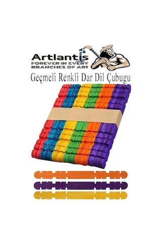 Artlantis Renkli Geçmeli Dil Çubuğu Dar 50 Li 1 Paket Çentikli Tırtıklı Geçirmeli Eklemeli Renkli Dondurma Çubu