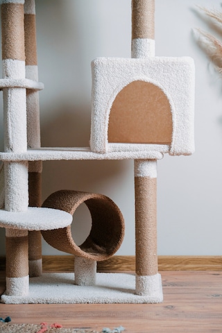 Karamel Kedi Ağacı 3 Katlı Tırmalama Direği Yatak ve Oyuncaklı Bej-Kahverengi Kolay Kurulum