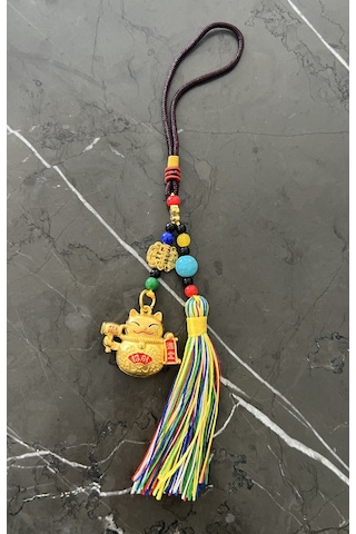 Feng Shui Bereket Ve Şans Kedisi Asılabilir Dekor /maneki Neko Gold Püsküllü Araba Aynası Süsü 1 Adet