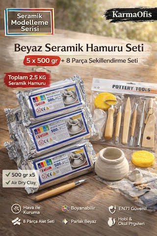 Seramik Hamuru Seti 5x500 Gr + 8 Parça Şekillendirme Alet Seti Air Dry Kil Modelleme Seti Krem