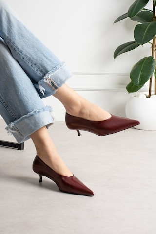 Shoetek Louod Kadın Stıletto İnce Topuklu Kırışık Bordo Deri Bordo