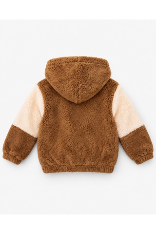 Luess Unisex Çocuk Kahverengi Ekru Peluş Kapüşonlu Fermuarlı Mont / 4-12 Yaş Sütlü Kahve