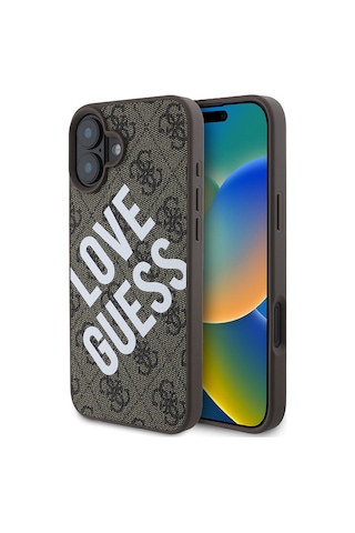 Apple Uyumlu iPhone 16 Plus Kılıf Guess Lisanslı Bi Love Guess Kapak Kahverengi
