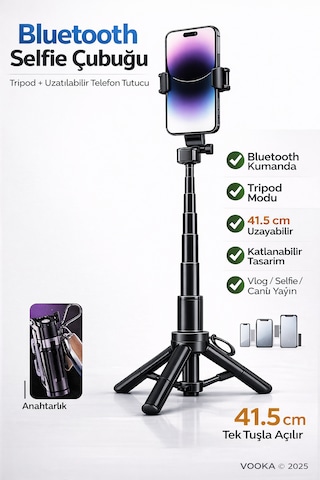 Tripodlu Bluetooth Selfie Çubuğu Mini Katlanabilir Selfie Stick Telefon Standı Uzatılabilir 41.5 Cm