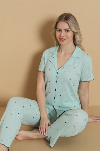 Wordex Mirano 1712 Minik Kalp Desenli Pointel İnce Kumaş Düğmeli Kısa Kollu Kadın Pijama Takımı Yeşil