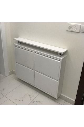 Kaser 2+2 Yatay Raflı Beyaz Metal Ayakkabılık Beyaz