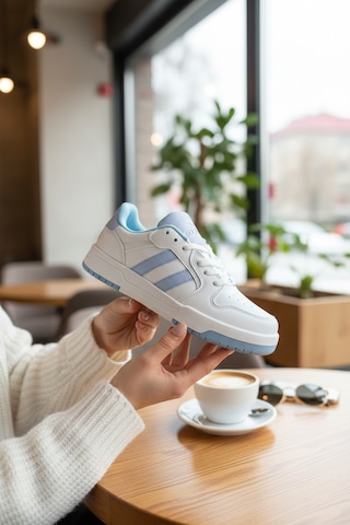 Enoch Kadın Renkli Şerit Detaylı Şık Sneaker Yürüyüş Ayakkabısı Beyaz Mavı