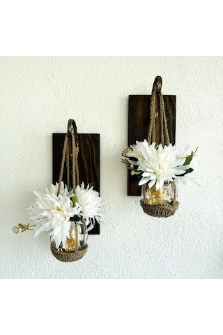 Duvar Dekoru, Led Işıklı, Beyaz Yılzdız Çiçekli, Ceviz Aplik İkili Set