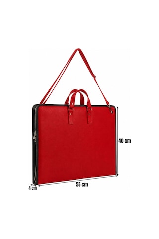 40x55 Cm Suni Deri Saplı Ve Askılı Resim Proje Çantası Kırmızı 35x50 Cm Uyumlu, Cepli
