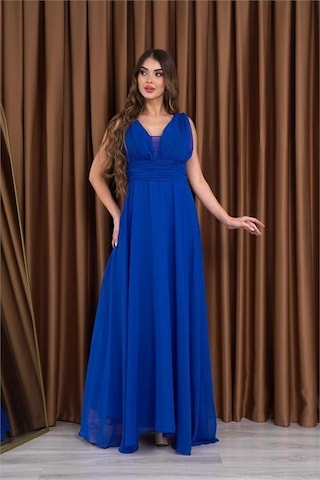 Dip Moda Kadın Saks Mavi V-yaka Şifon Abiye Elbise Dpnb2027 Saks