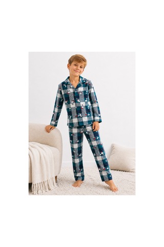 Free Beka Erkek Çocuk Önden Düğmeli Kareli Ve Karakter Desenli Uzun Kollu Pijama Takımı Yeşil