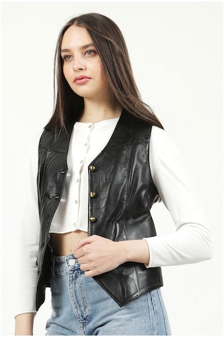 Dericlub Dc-001 Hakiki Deri Kadın Yelek Siyah