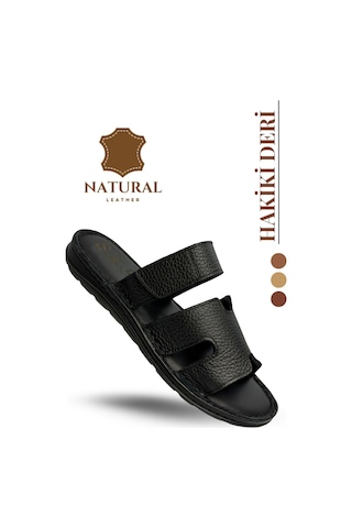 Sermoda Hakiki Deri Erkek Terlik - Yumuşak Kalın Tabanlı Hakiki Cırtlı Deri Erkek Terlik Şırıngıl Siyah