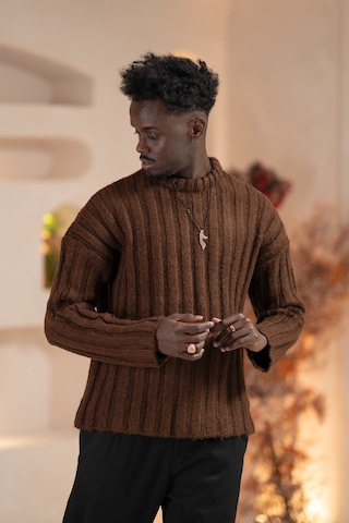 Oversize Kendinden Çizgili Pamuklu Kalın Triko Spor Kazak Kahverengi