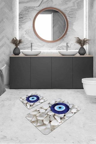 Lacivert Nazar Boncuğu Banyo Halısı Klozet Paspas Seti Bs288n11