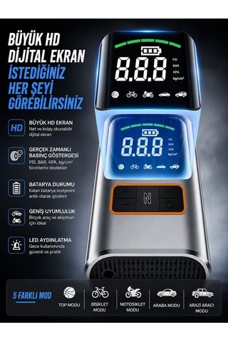 150psı 3600mah Dijital Taşınabilir Araç Hava Kompresörü Powerbank