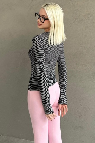 Siyah Çizgili Uzun Kollu Kadın Body Mg2657 Siyah