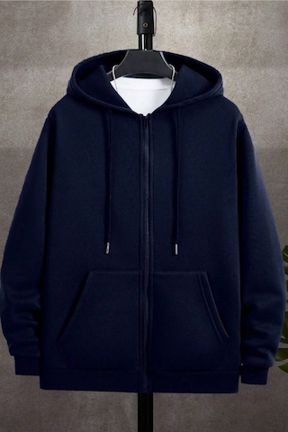 Cool Tarz Unisex Relax Fit Rahat Kesim Pamuklu İçi Polarlı Çift Cepli Fermuarlı Lacivert Kapüşonlu Sweatshirt Lacivert Lacivert